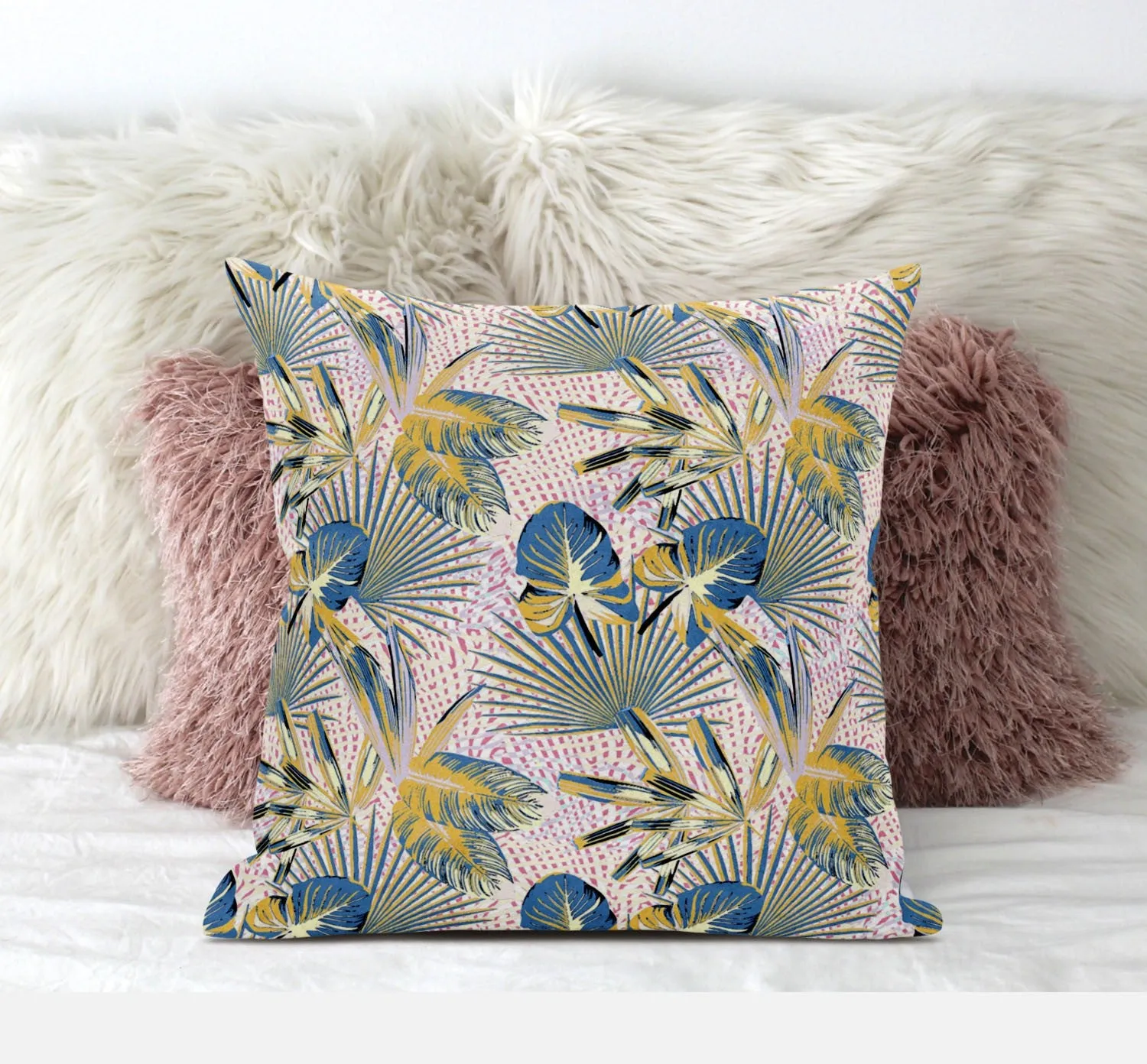 16” Blue Gold Tropical Zippered Suede Throw Pillow