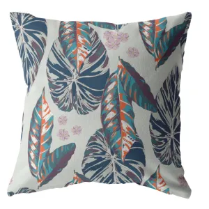 16” Blue Gray Tropical Leaf Indoor Outdoor Zippered Throw Pillow