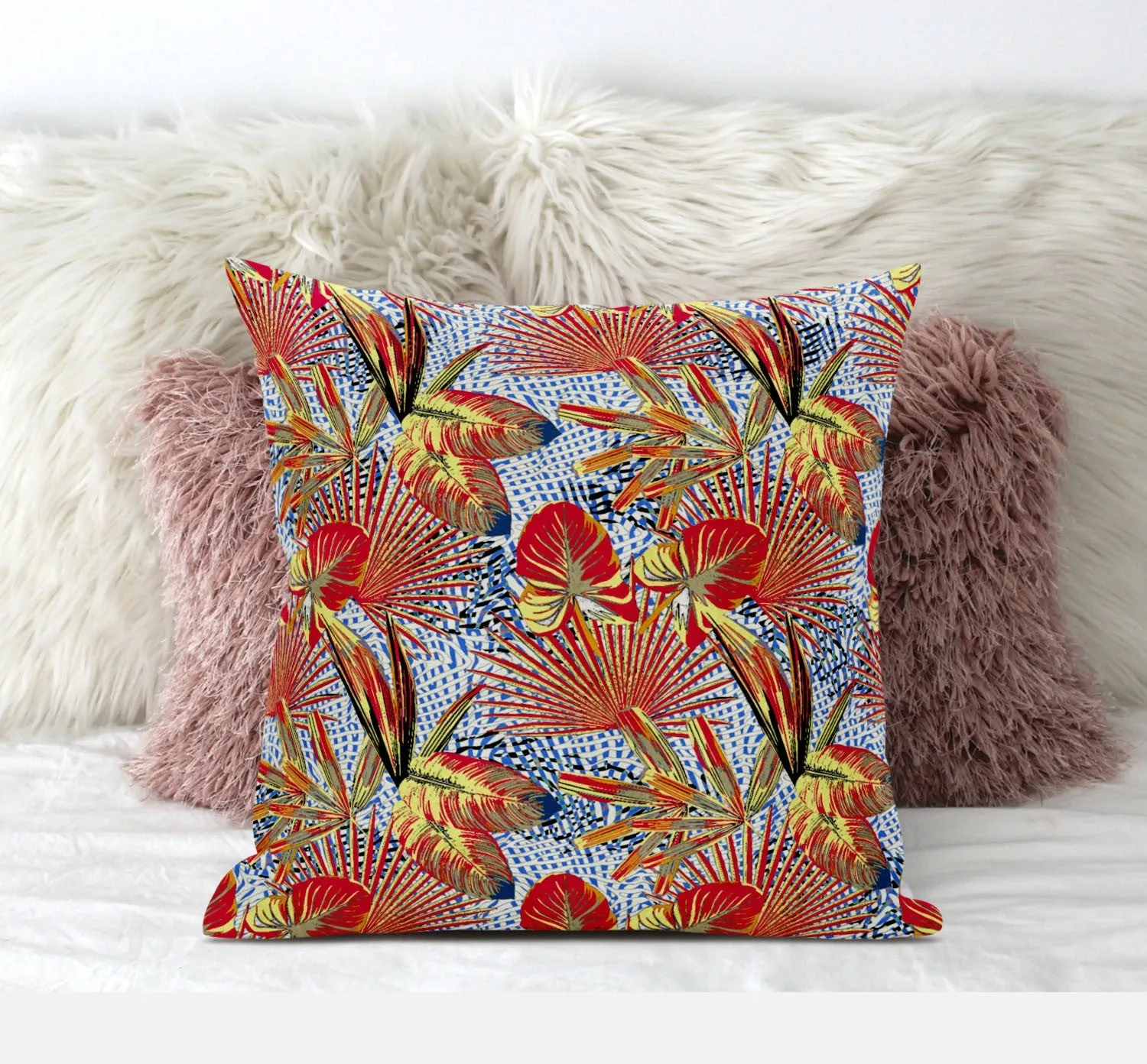 16” Crimson Yellow Tropical Zippered Suede Throw Pillow