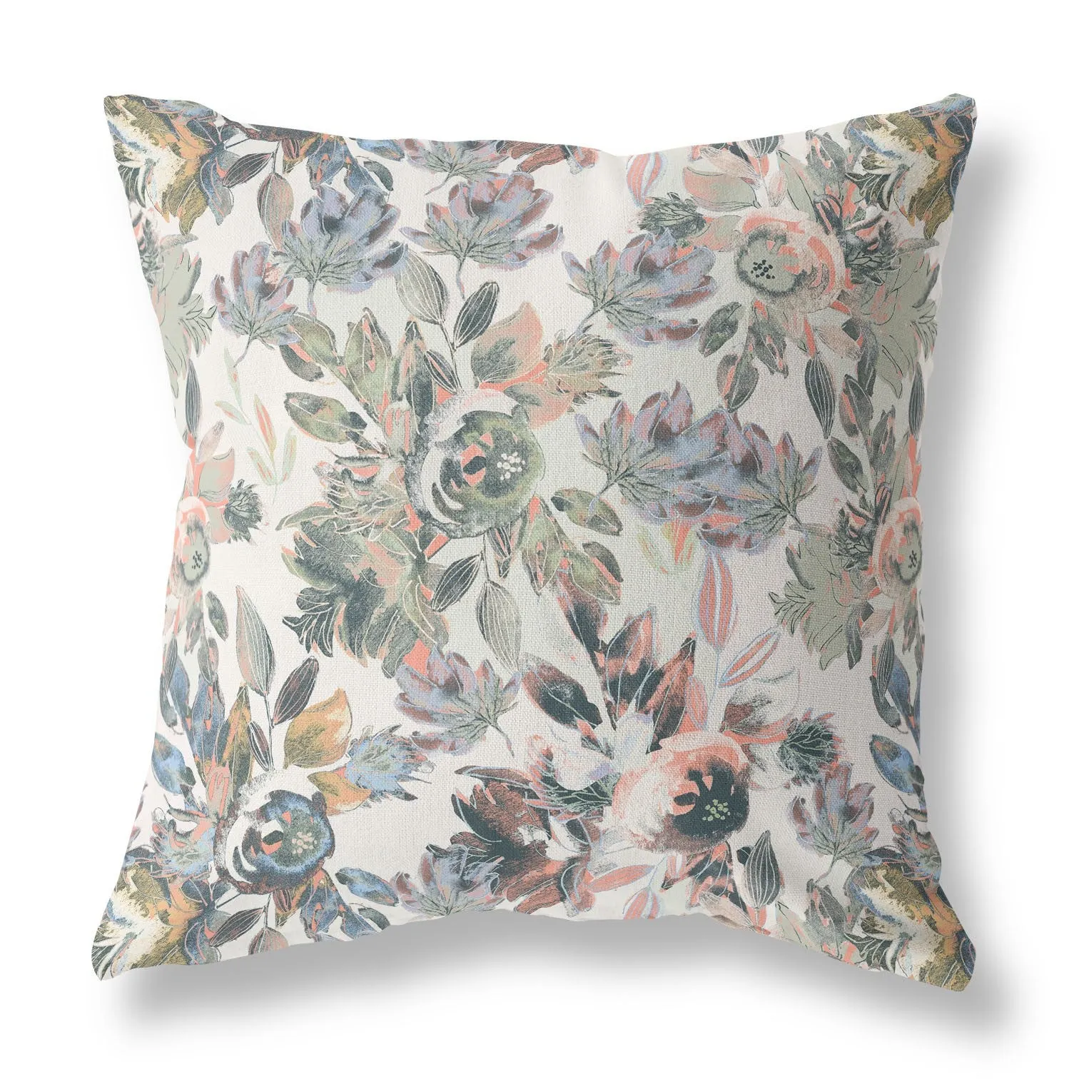 16” Pink Gray Florals Indoor Outdoor Zippered Throw Pillow