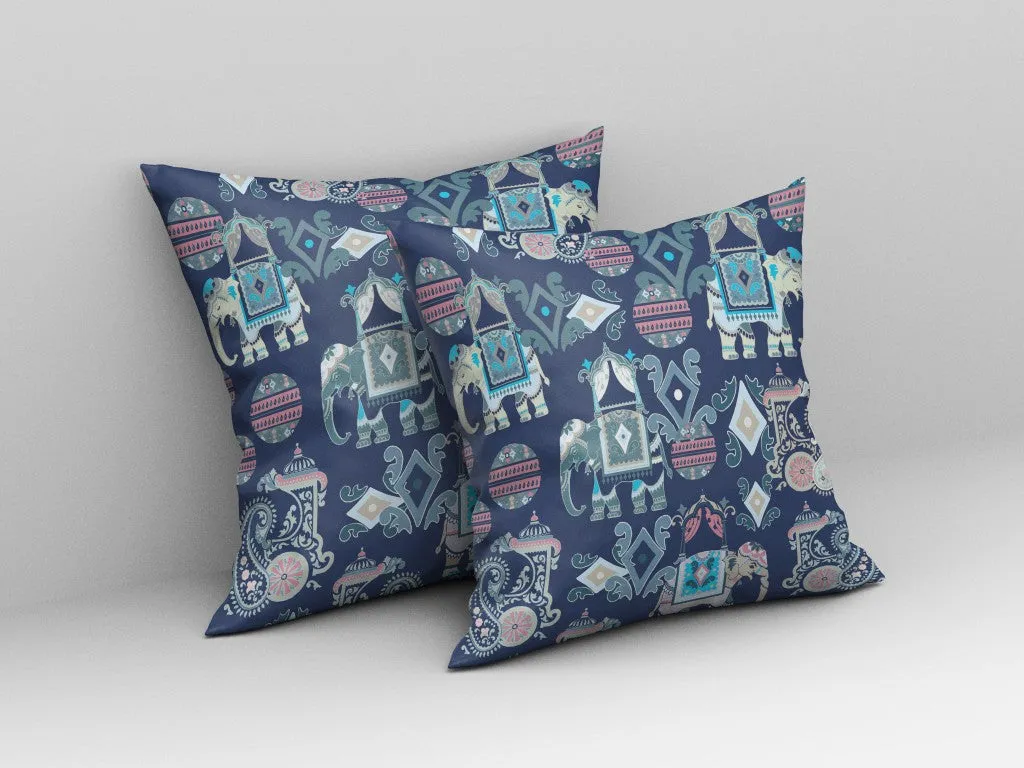 16" Blue Gray Tribal Indoor Outdoor Zip Throw Pillow