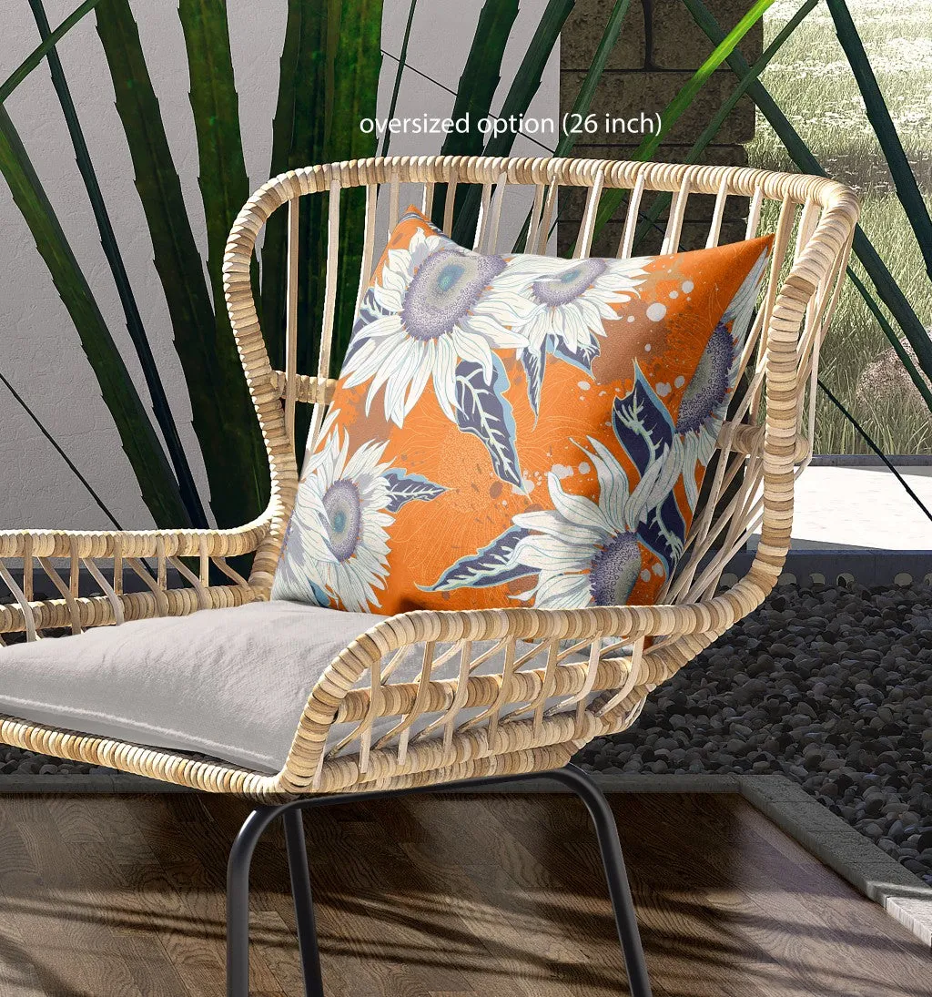 16" Orange White Sunflower Indoor Outdoor Zippered Throw Pillow