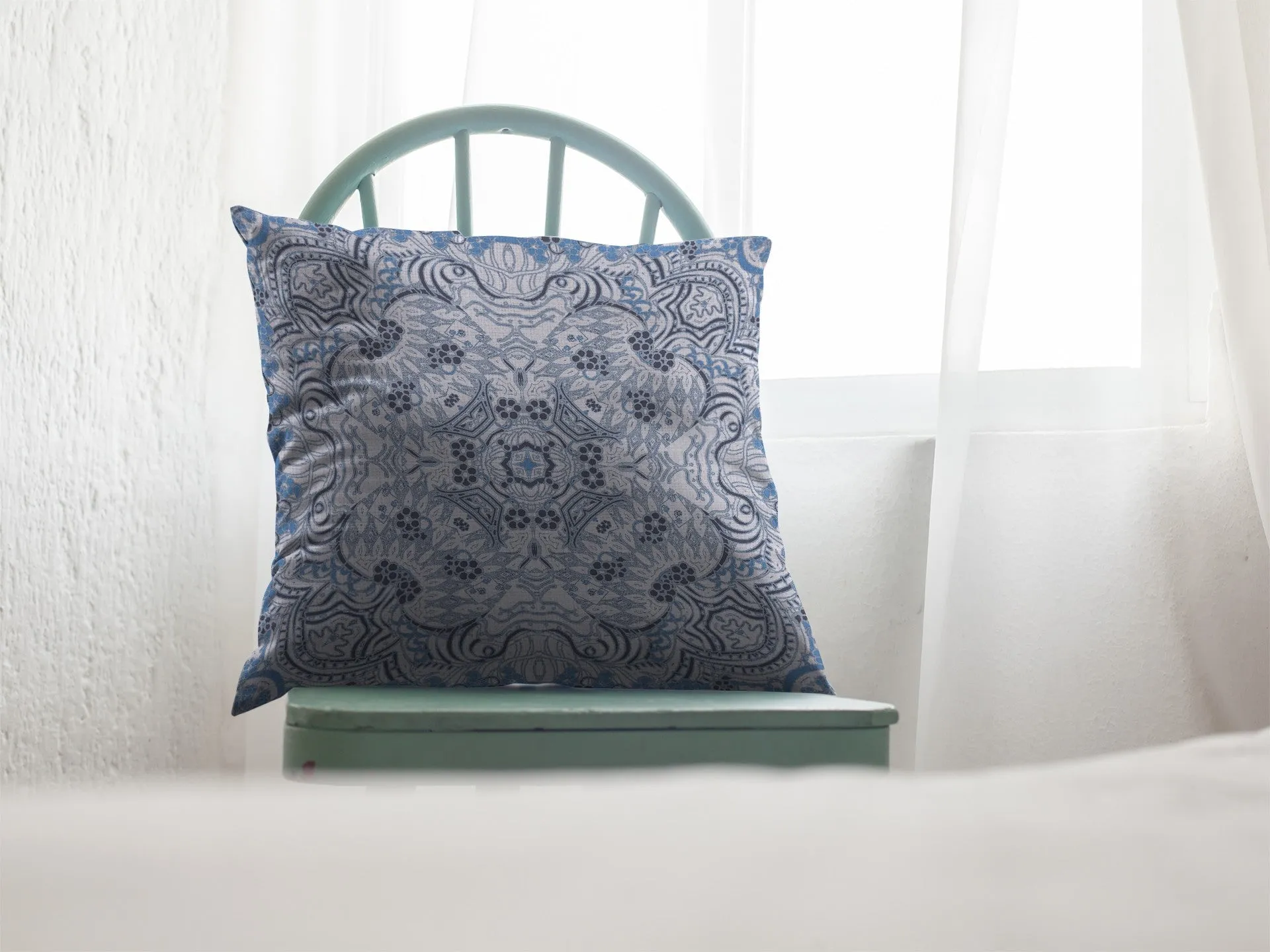 18” Light Blue Boho Ornate Indoor Outdoor Zippered Throw Pillow