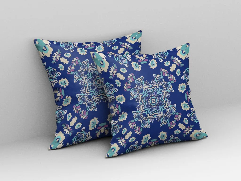 20” Blue Cream Wreath Indoor Outdoor Zippered Throw Pillow