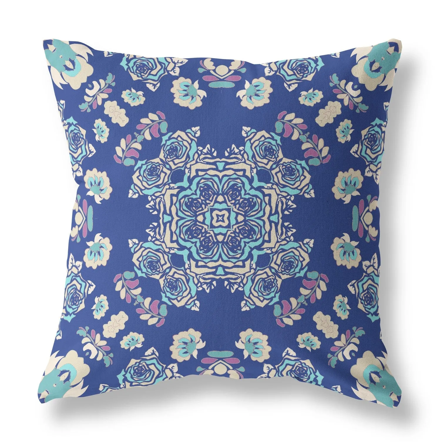 20” Blue Cream Wreath Indoor Outdoor Zippered Throw Pillow