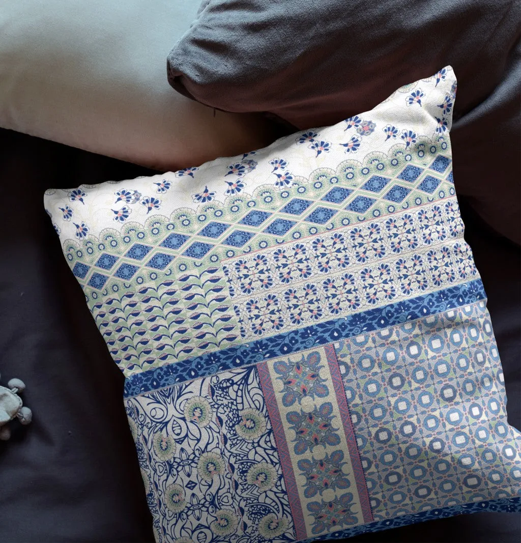 20” Blue Lavender White Patch Indoor Outdoor Zippered Throw Pillow