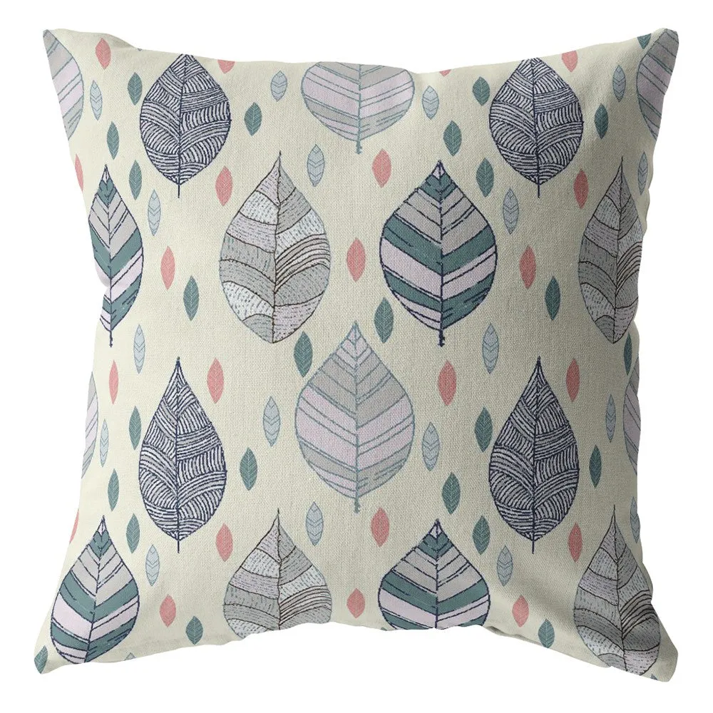 20” Cream Gray Leaves Indoor Outdoor Zippered Throw Pillow