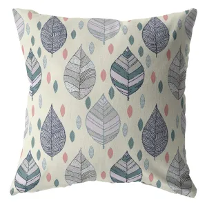 20” Cream Gray Leaves Indoor Outdoor Zippered Throw Pillow