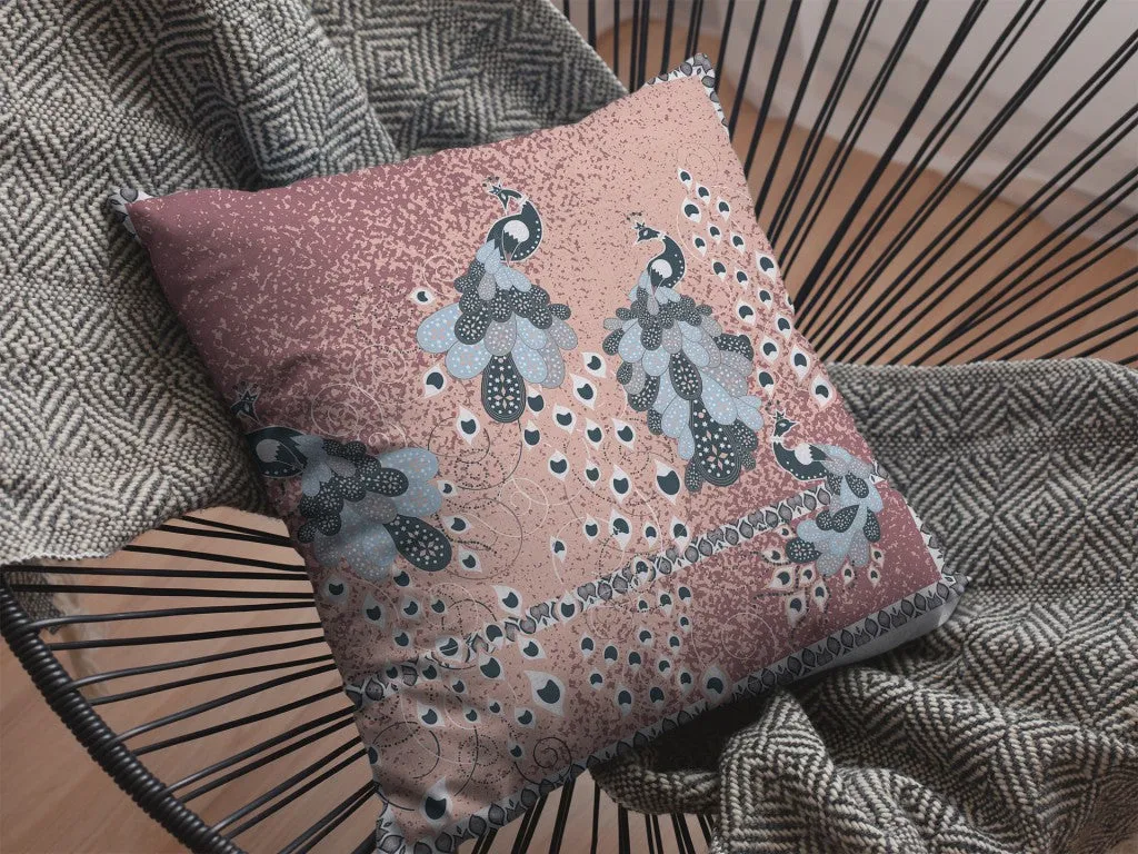 20” Dusty Pink Boho Bird Indoor Outdoor Zippered Throw Pillow