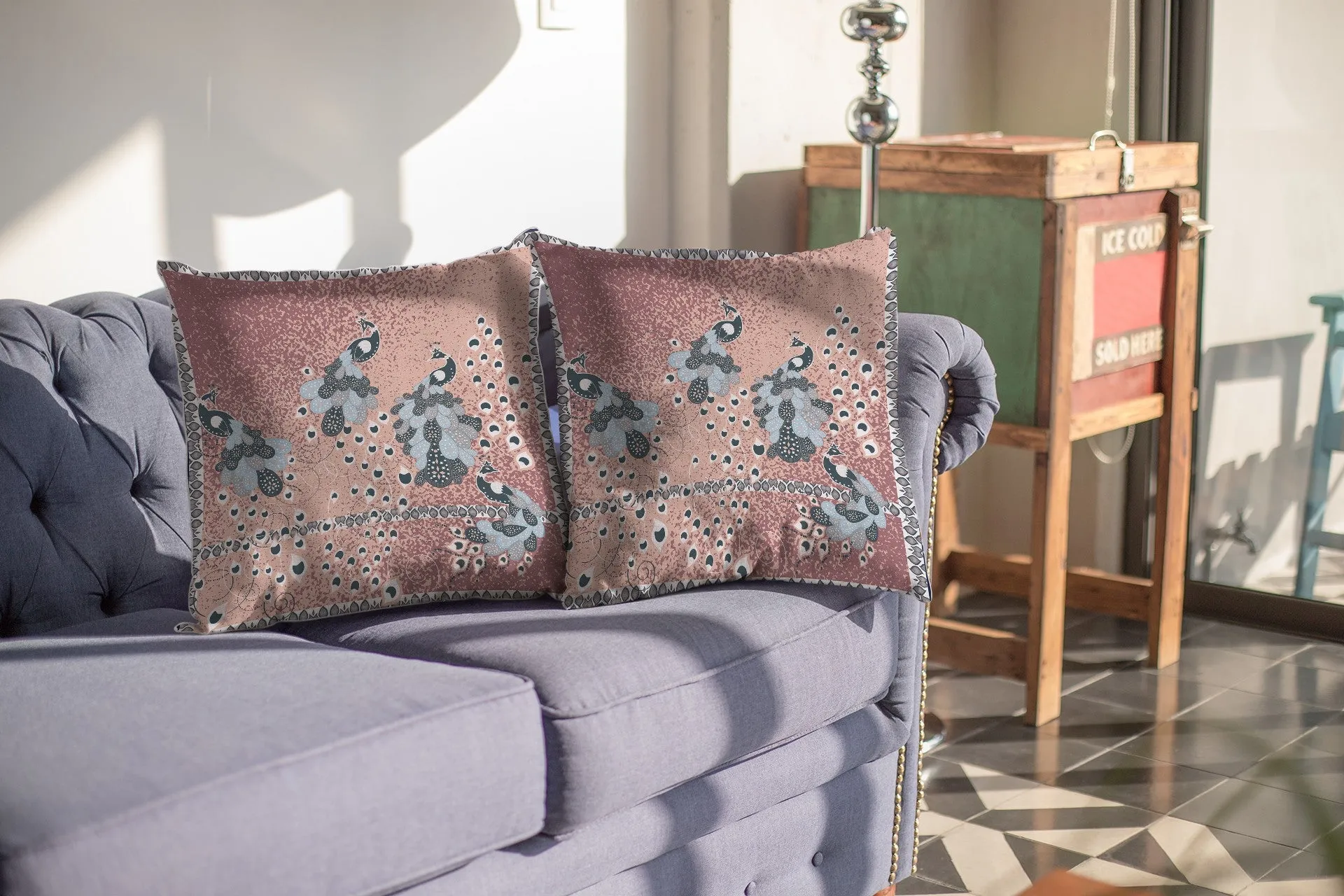 20” Dusty Pink Boho Bird Indoor Outdoor Zippered Throw Pillow