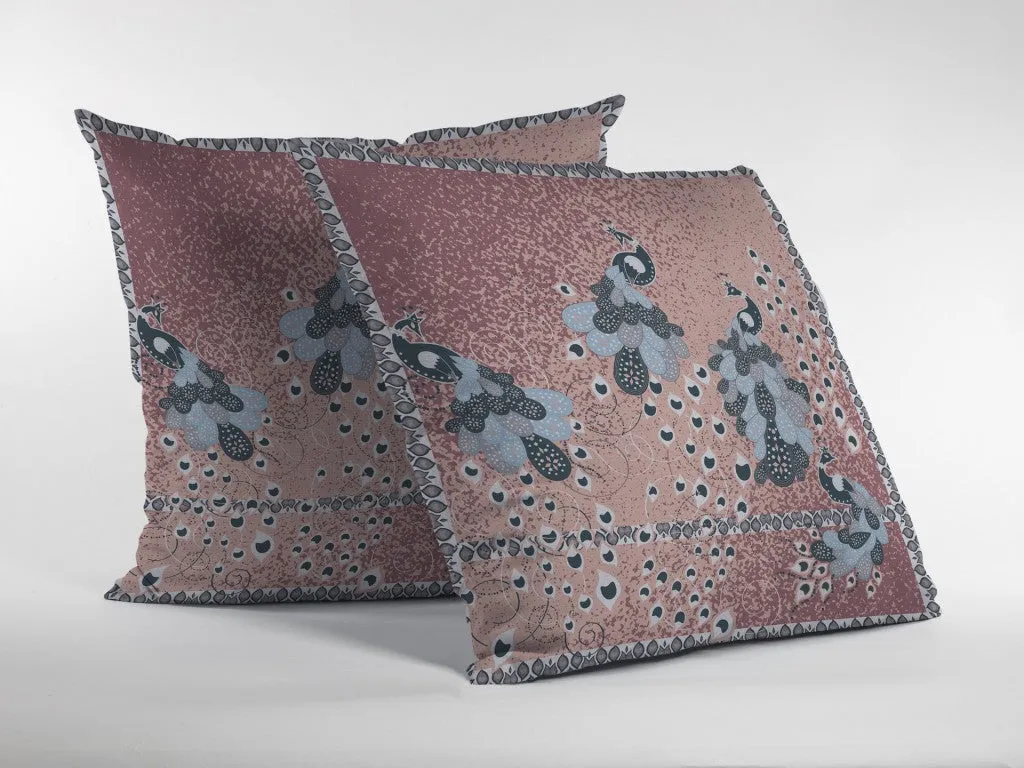 20” Dusty Pink Boho Bird Indoor Outdoor Zippered Throw Pillow