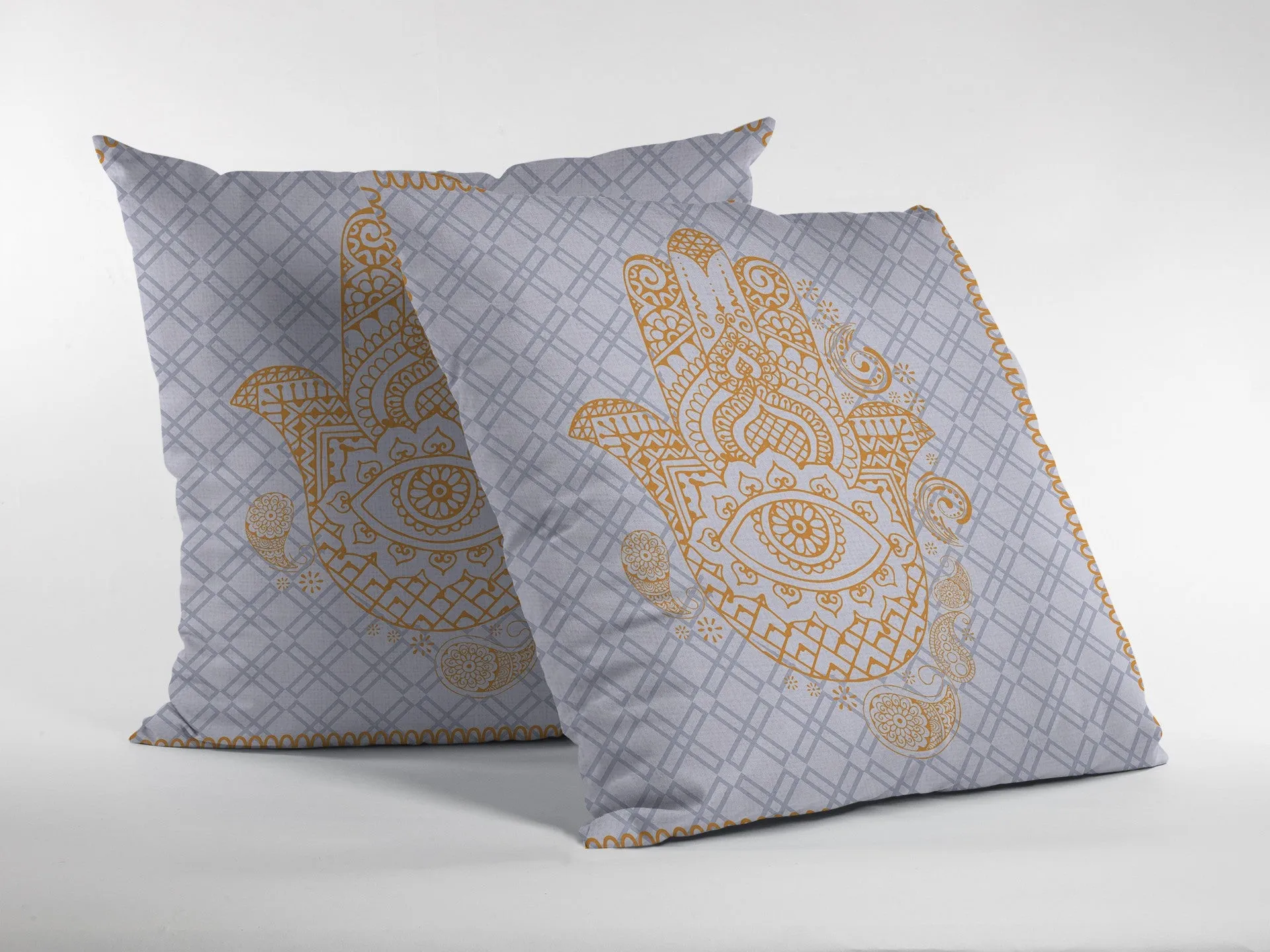 20” Gold Gray Hamsa Indoor Outdoor Zippered Throw Pillow