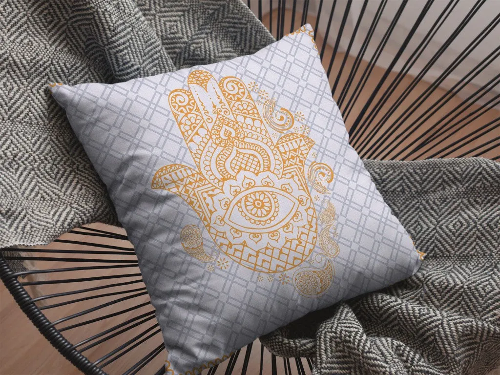 20” Gold Gray Hamsa Indoor Outdoor Zippered Throw Pillow