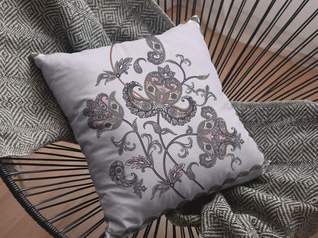 20” Gray White Wildflower Indoor Outdoor Zippered Throw Pillow