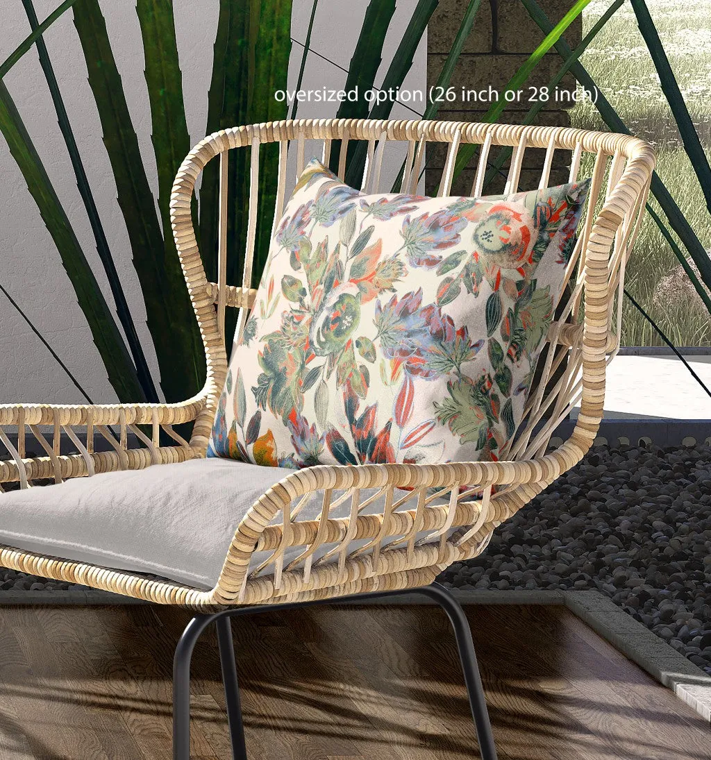 20” Green Beige Florals Indoor Outdoor Zippered Throw Pillow