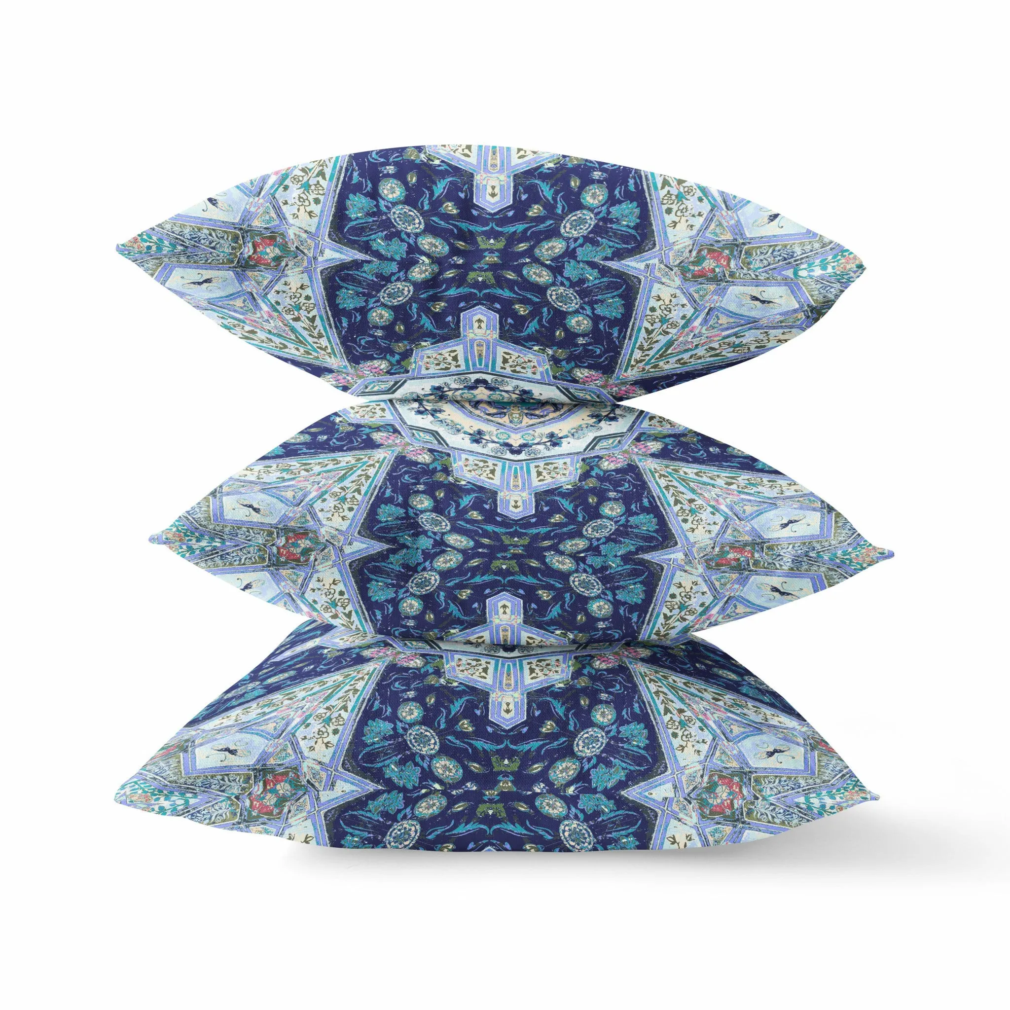 20” Indigo Blue Floral Geo Indoor Outdoor Zippered Throw Pillow