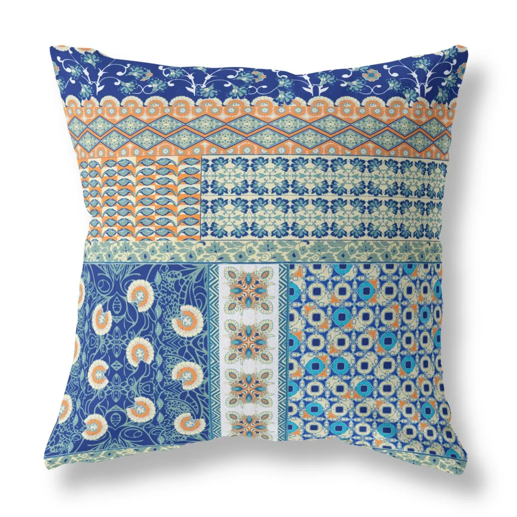 20” Navy Orange Patch Indoor Outdoor Zippered Throw Pillow