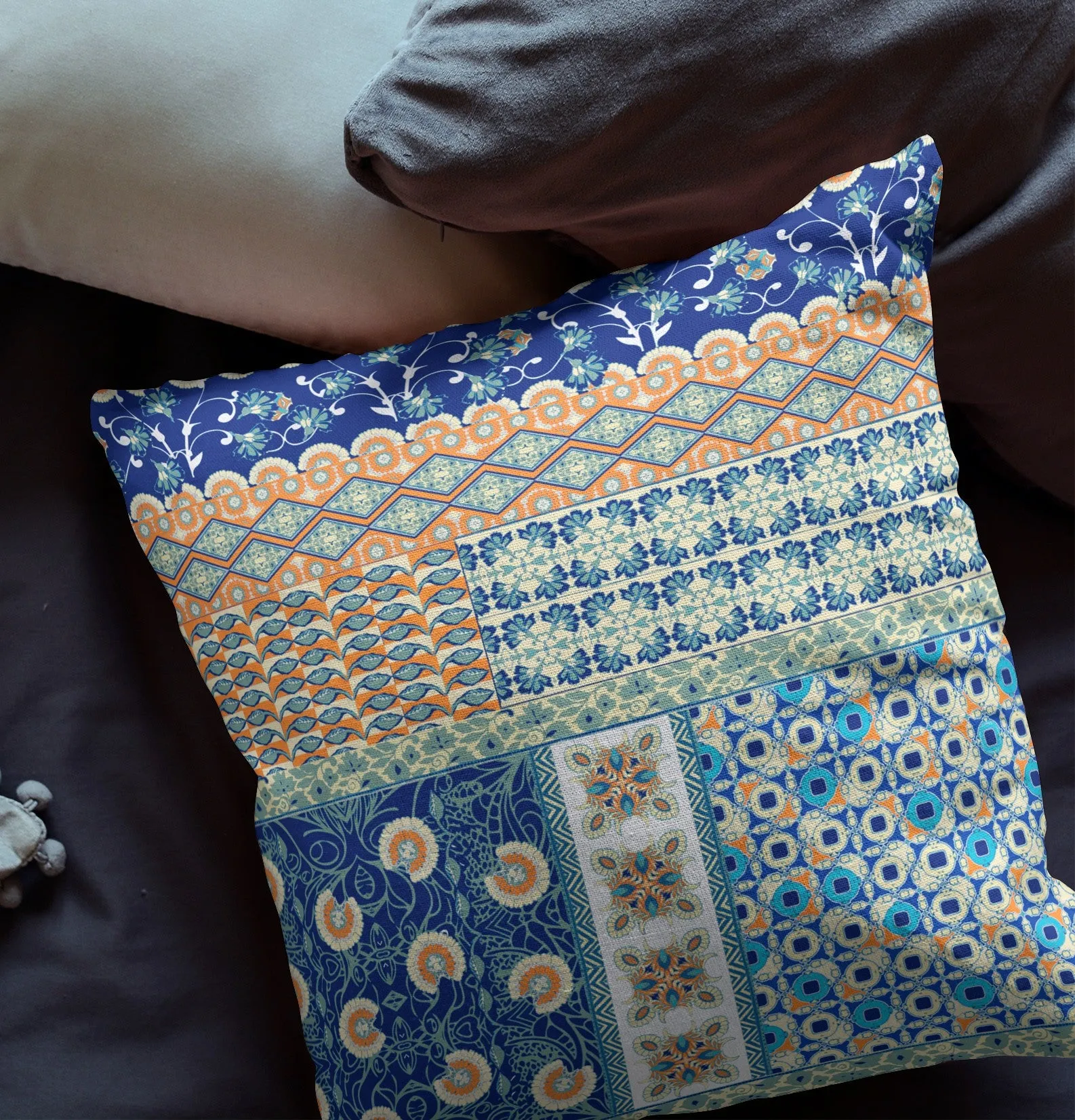 20” Navy Orange Patch Indoor Outdoor Zippered Throw Pillow