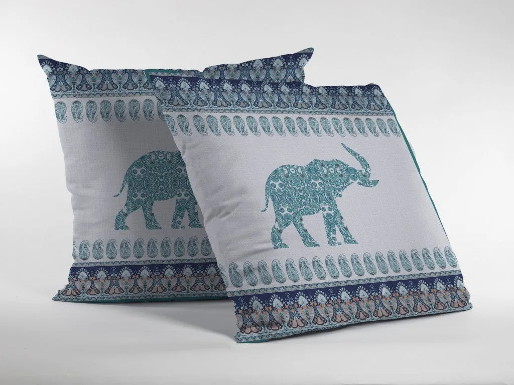 20” Teal Ornate Elephant Indoor Outdoor Zippered Throw Pillow