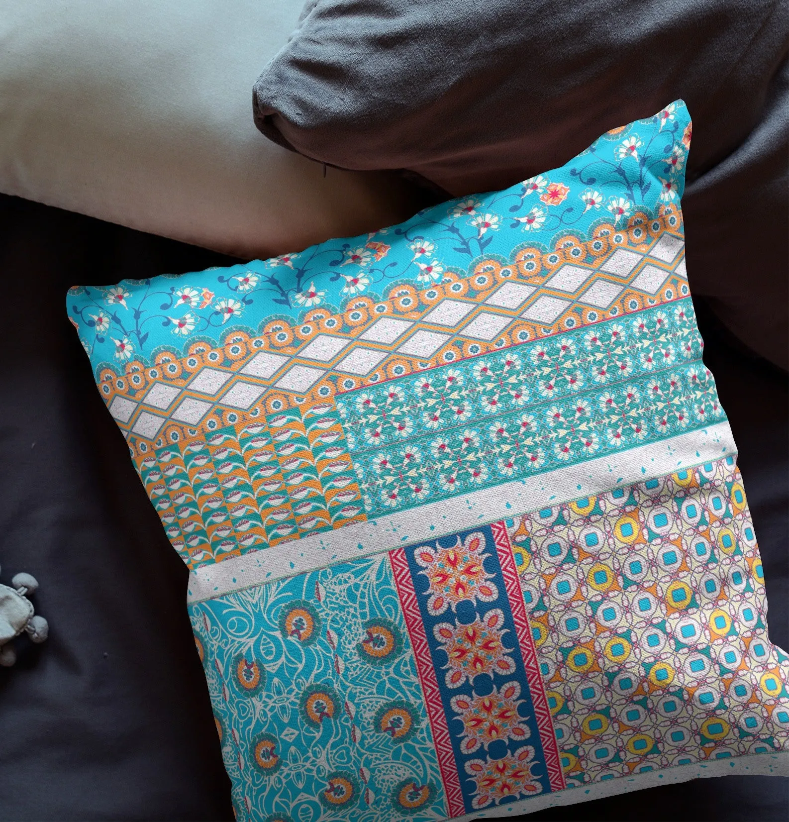 20” Turquoise White Patch Indoor Outdoor Zippered Throw Pillow