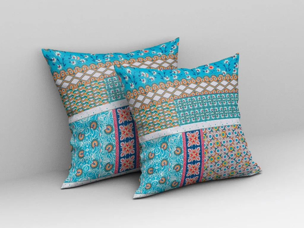 20” Turquoise White Patch Indoor Outdoor Zippered Throw Pillow
