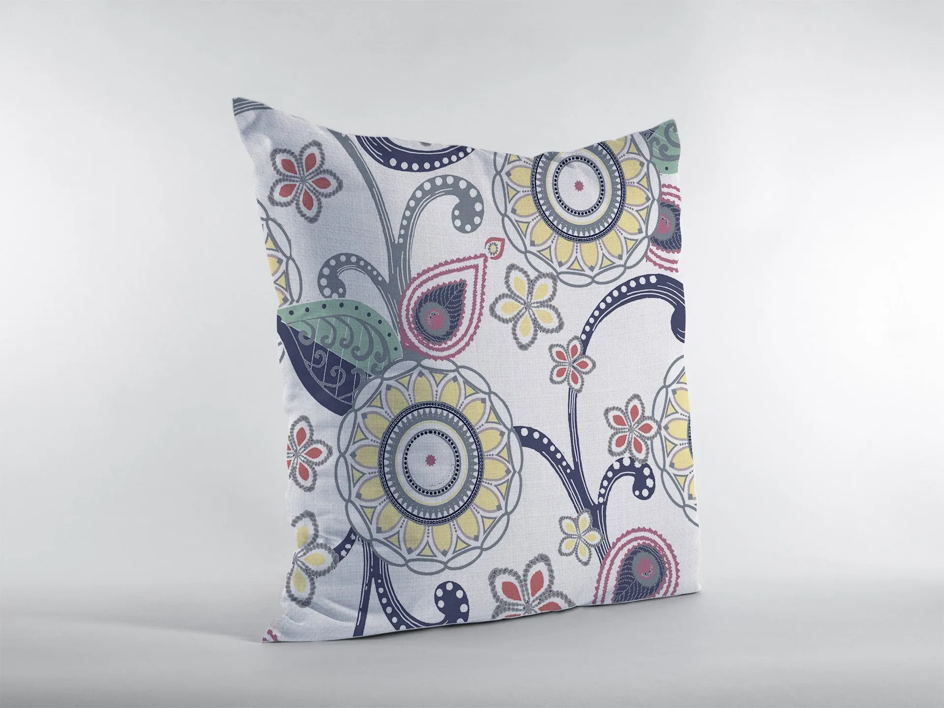 20” White Yellow Floral Indoor Outdoor Zippered Throw Pillow