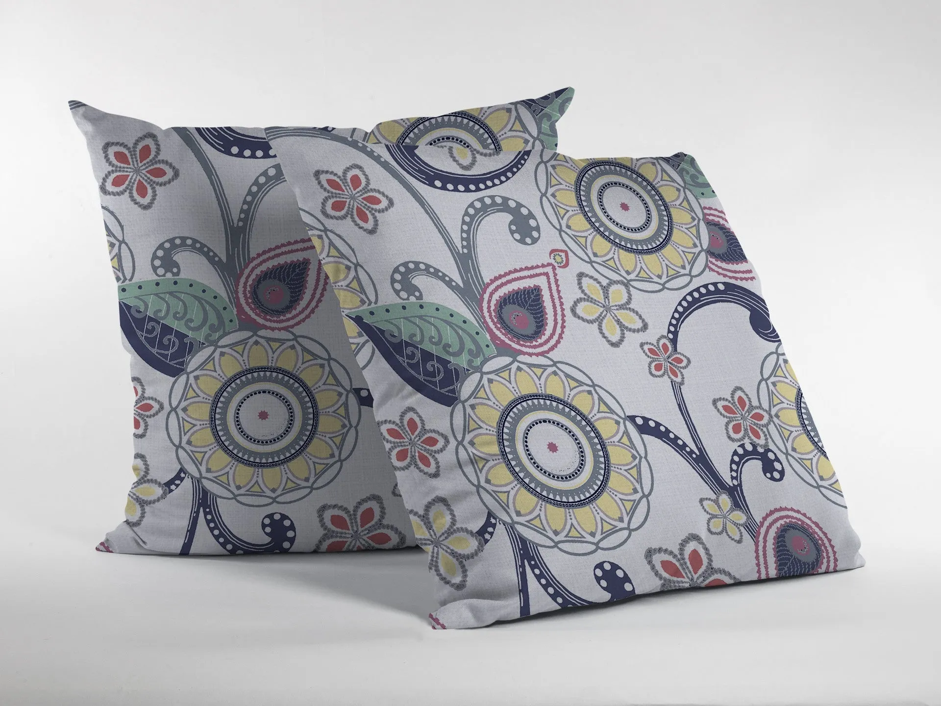 20” White Yellow Floral Indoor Outdoor Zippered Throw Pillow