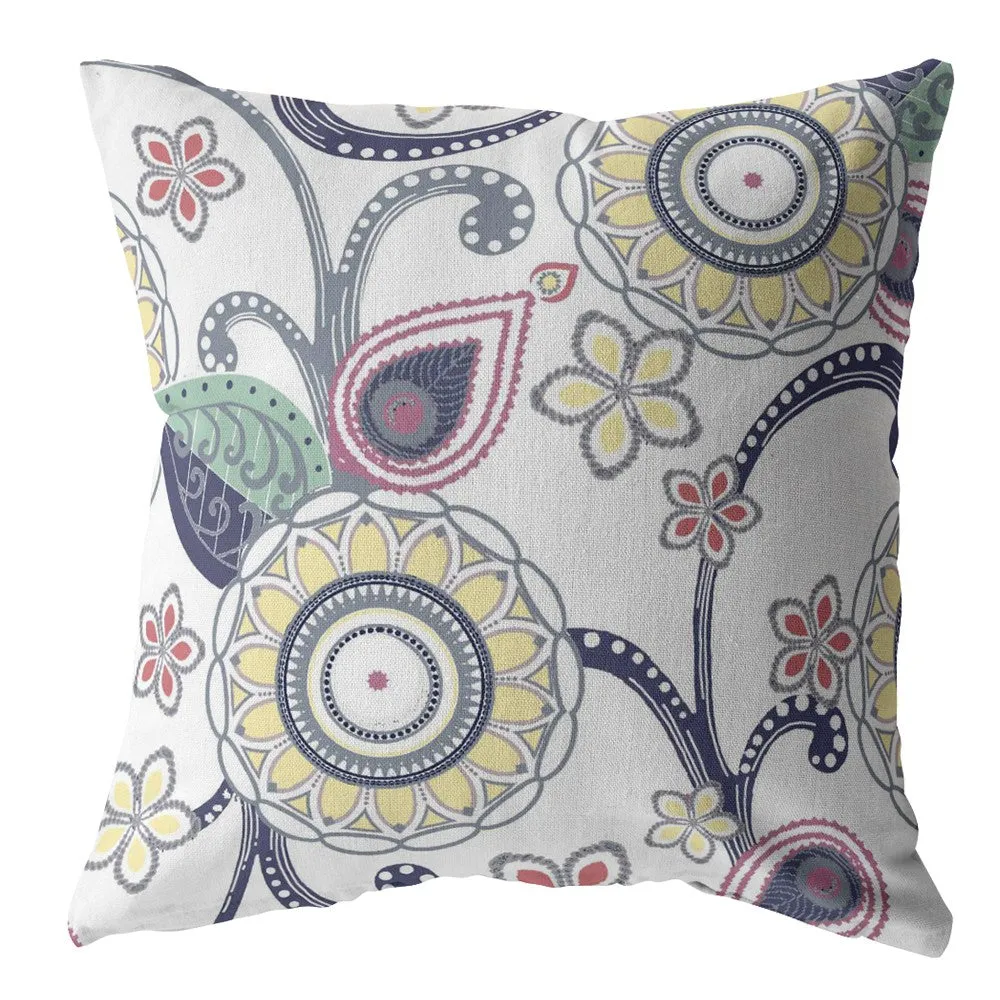 20” White Yellow Floral Indoor Outdoor Zippered Throw Pillow
