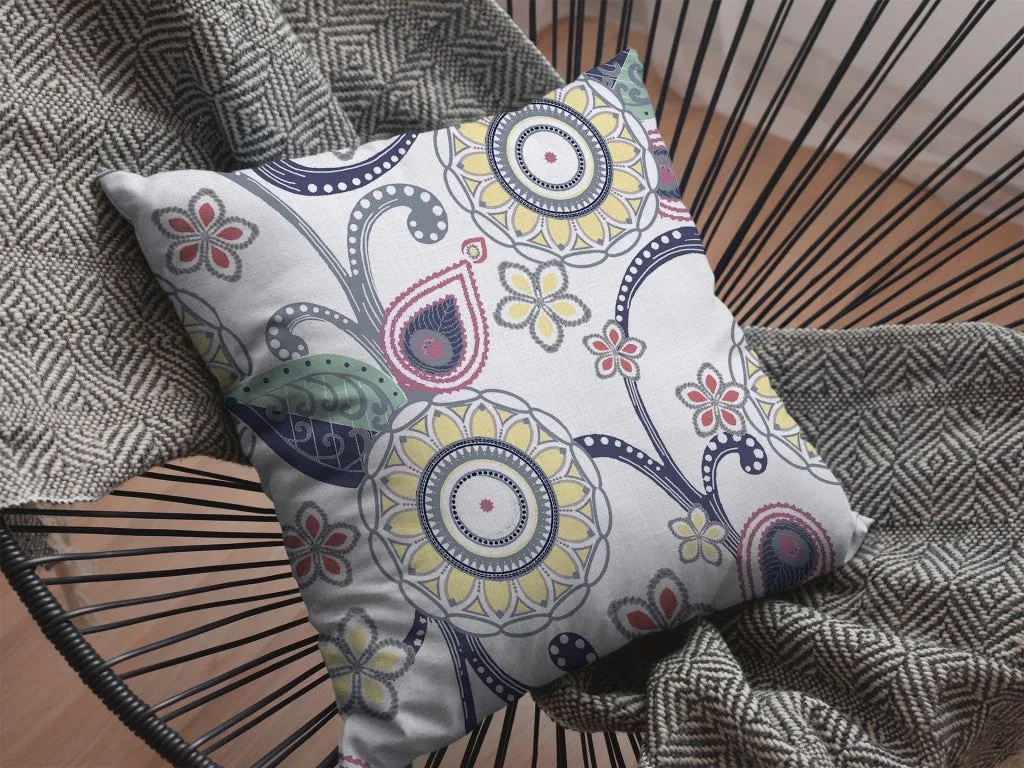 20” White Yellow Floral Indoor Outdoor Zippered Throw Pillow