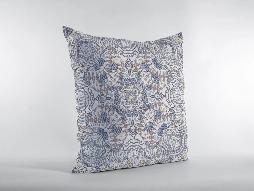20” Yellow Gray Boho Ornate Indoor Outdoor Zippered Throw Pillow