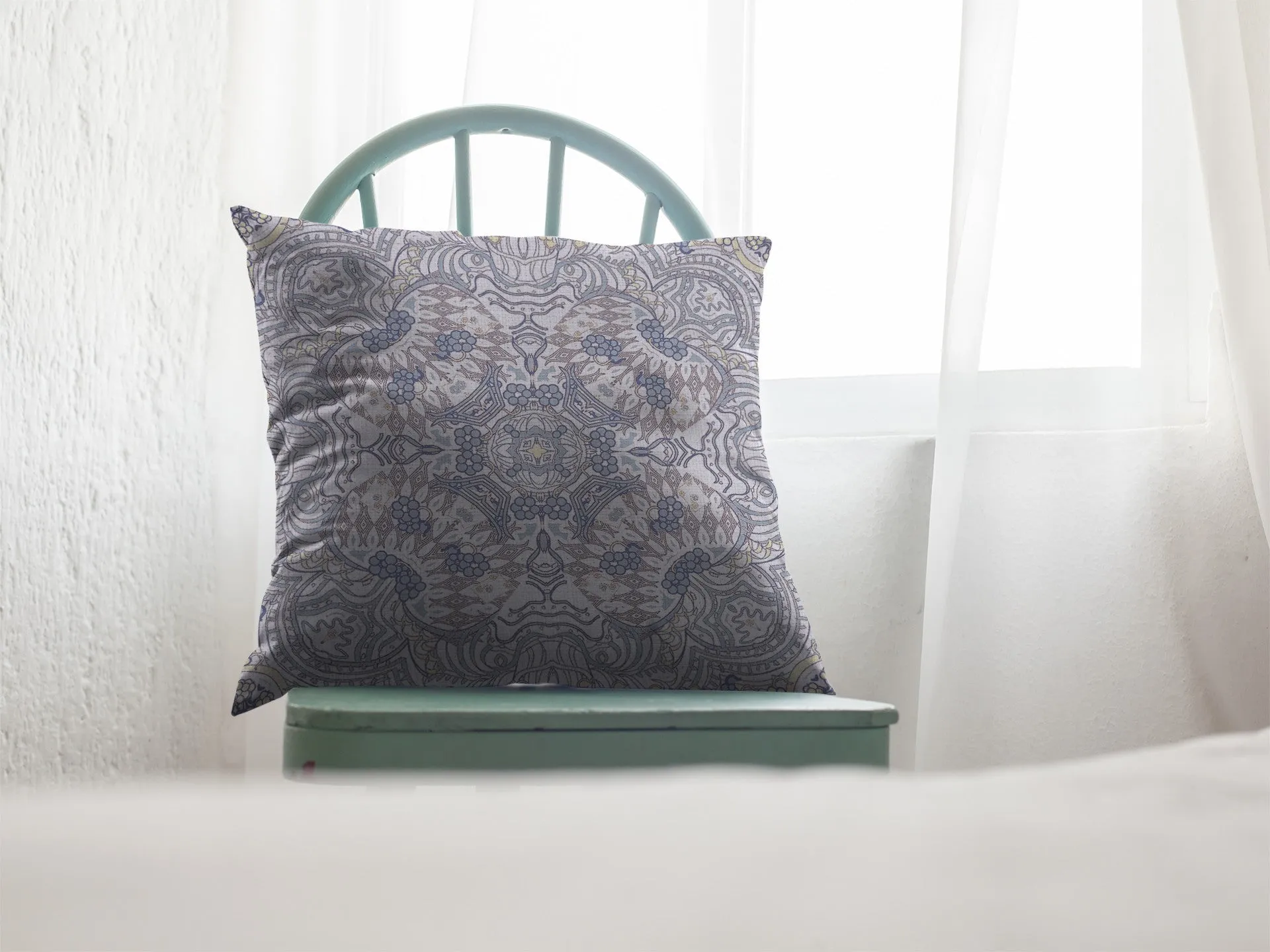 20” Yellow Gray Boho Ornate Indoor Outdoor Zippered Throw Pillow