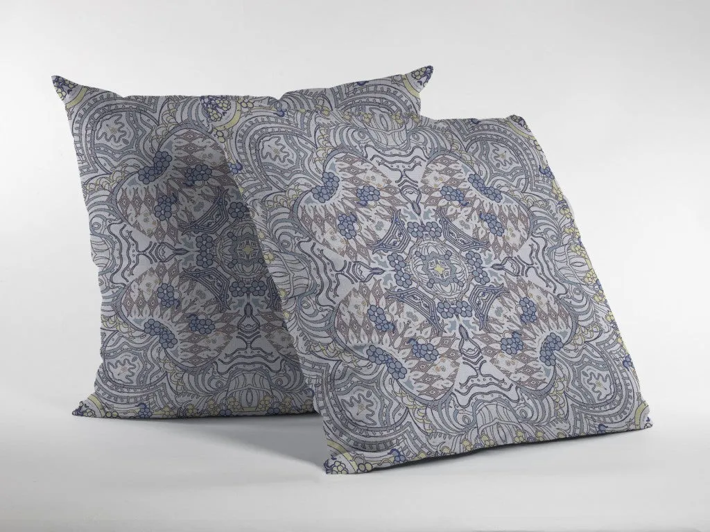 20” Yellow Gray Boho Ornate Indoor Outdoor Zippered Throw Pillow