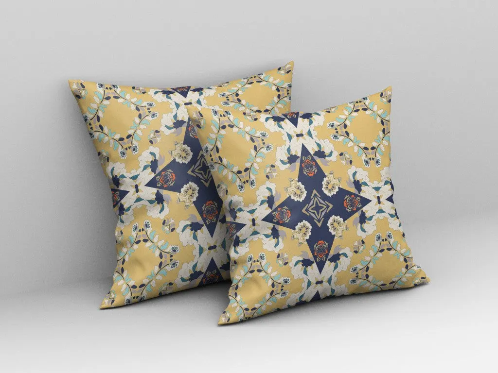 20” Yellow Navy Diamond Star Indoor Outdoor Zippered Throw Pillow