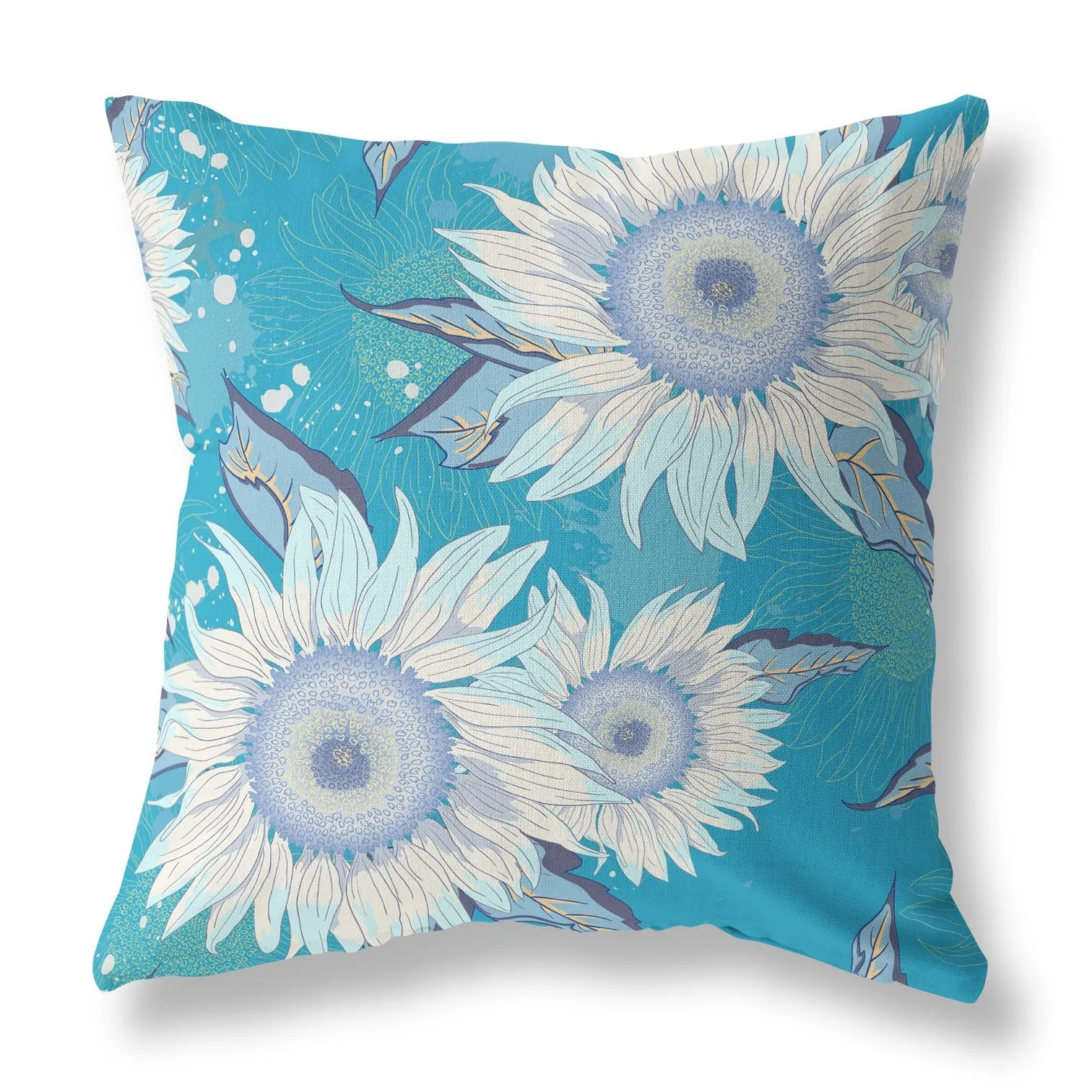 20" Aqua White Sunflower Indoor Outdoor Zippered Throw Pillow