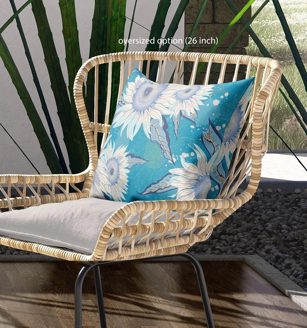 20" Aqua White Sunflower Indoor Outdoor Zippered Throw Pillow