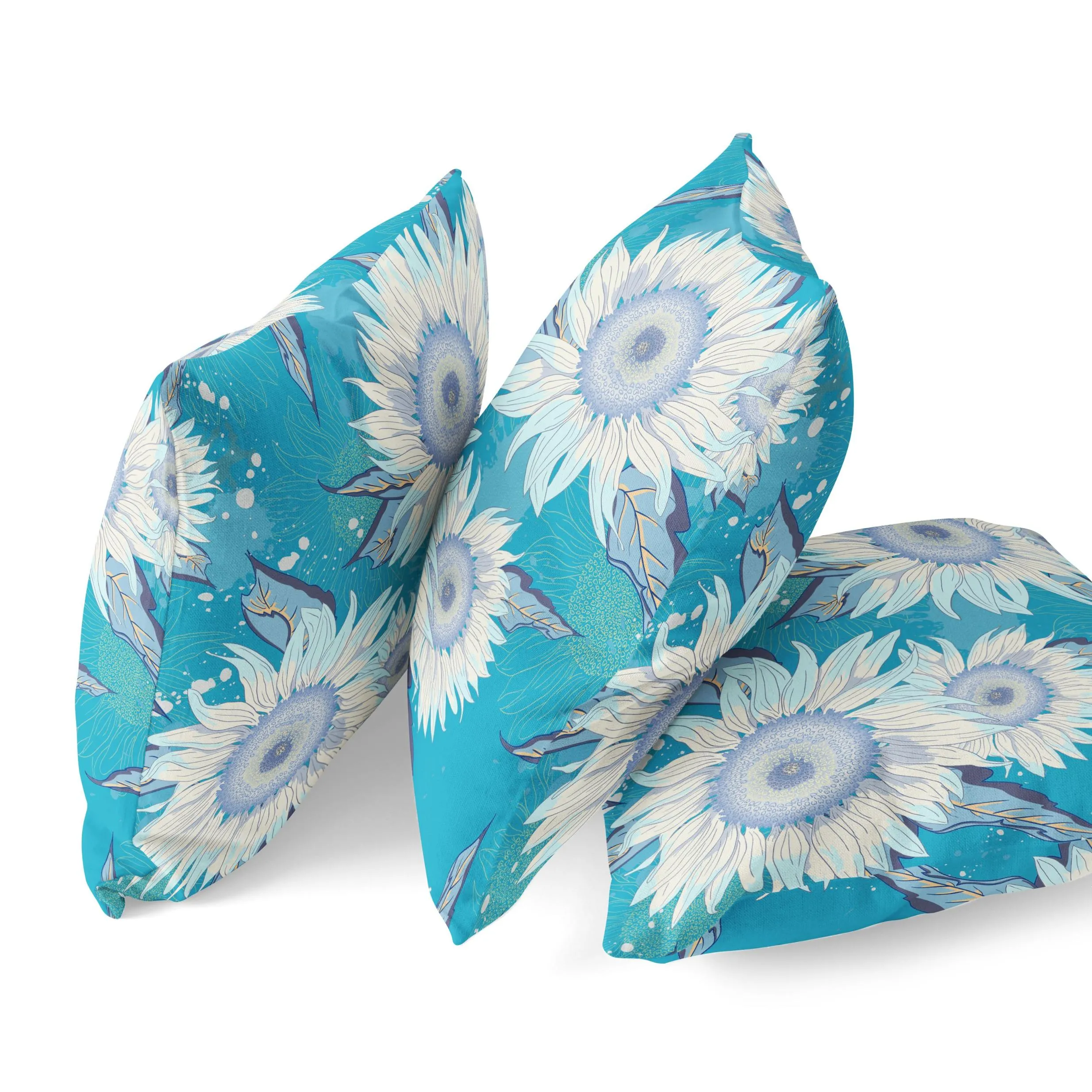 20" Aqua White Sunflower Indoor Outdoor Zippered Throw Pillow