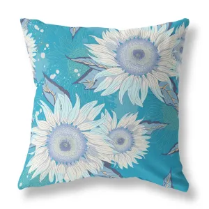 20" Aqua White Sunflower Indoor Outdoor Zippered Throw Pillow