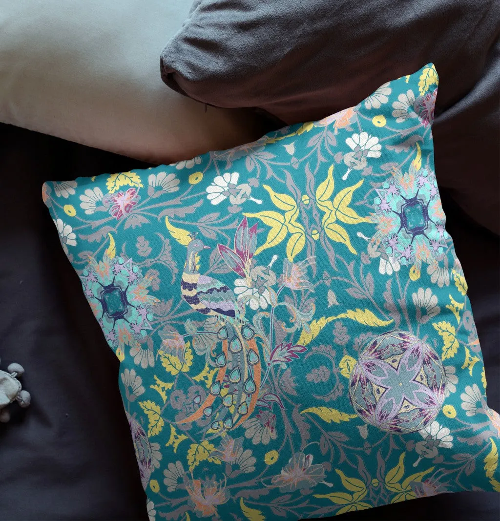 20" Teal Yellow Peacock Indoor Outdoor Zip Throw Pillow
