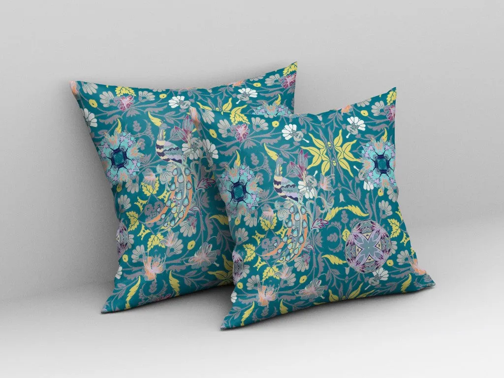 20" Teal Yellow Peacock Indoor Outdoor Zip Throw Pillow