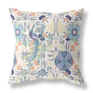 20" White Gray Peacock Indoor Outdoor Zip Throw Pillow