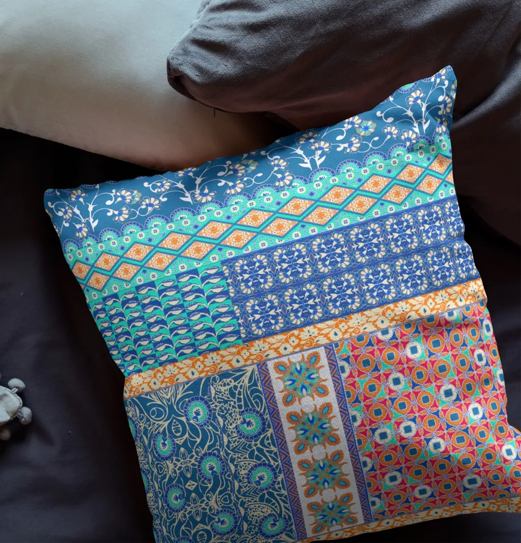 26” Blue Orange Patch Indoor Outdoor Zippered Throw Pillow