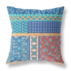 26” Blue Orange Patch Indoor Outdoor Zippered Throw Pillow