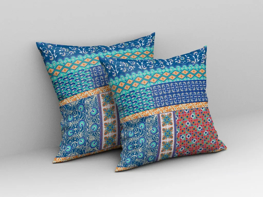 26” Blue Orange Patch Indoor Outdoor Zippered Throw Pillow