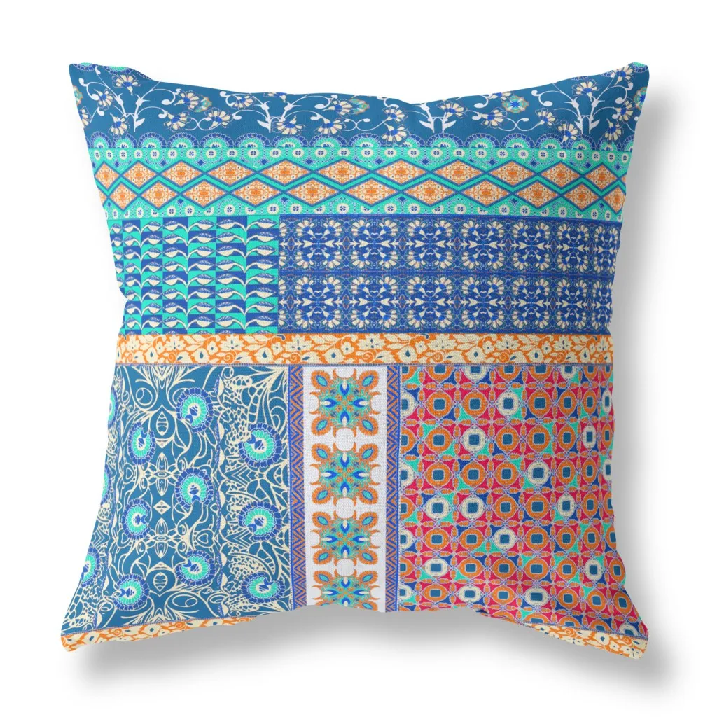 26” Blue Orange Patch Indoor Outdoor Zippered Throw Pillow