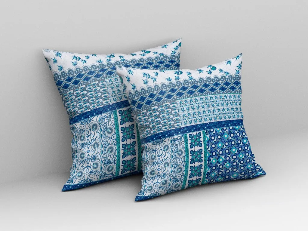 26” Blue White Patch Indoor Outdoor Zippered Throw Pillow