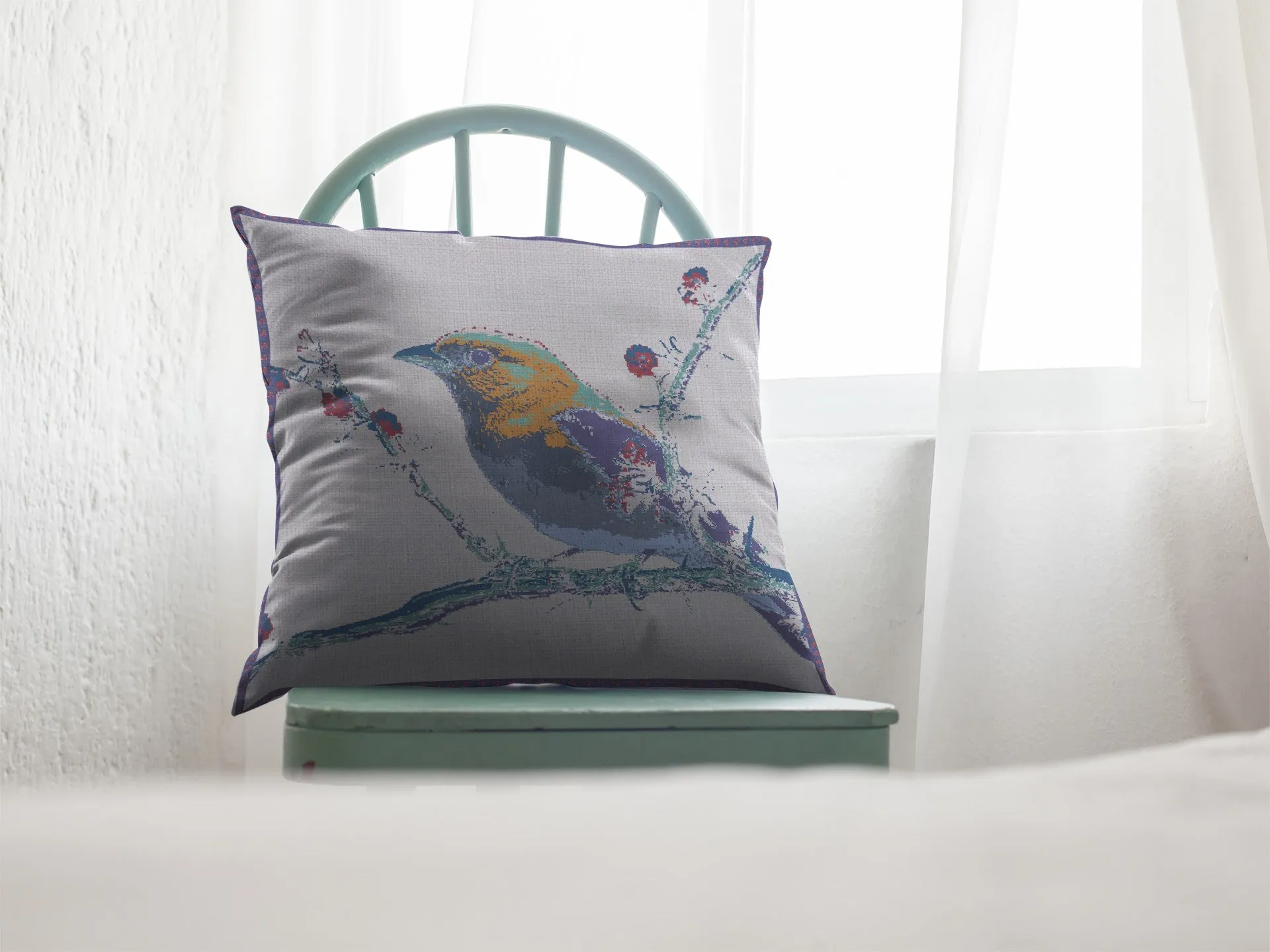 26” Blue White Robin Indoor Outdoor Zippered Throw Pillow