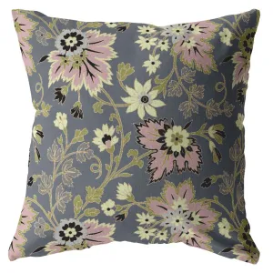 26” Gray Pink Jacobean Indoor Outdoor Zippered Throw Pillow
