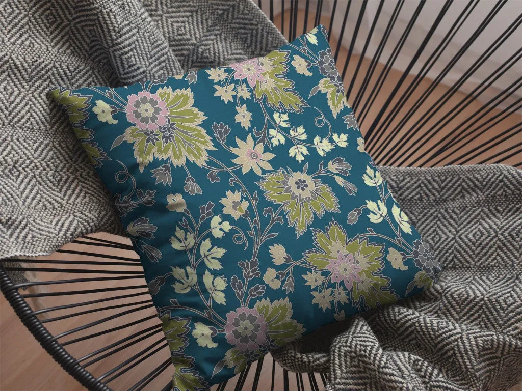 26” Teal Green Jacobean Indoor Outdoor Zippered Throw Pillow