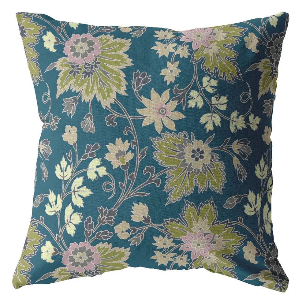 26” Teal Green Jacobean Indoor Outdoor Zippered Throw Pillow