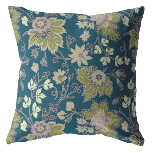 26” Teal Green Jacobean Indoor Outdoor Zippered Throw Pillow